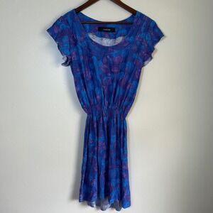 Thakoon Dress Silk Mini Size 6 Blue Purple Floral Flutter Sleeve Elastic Waist